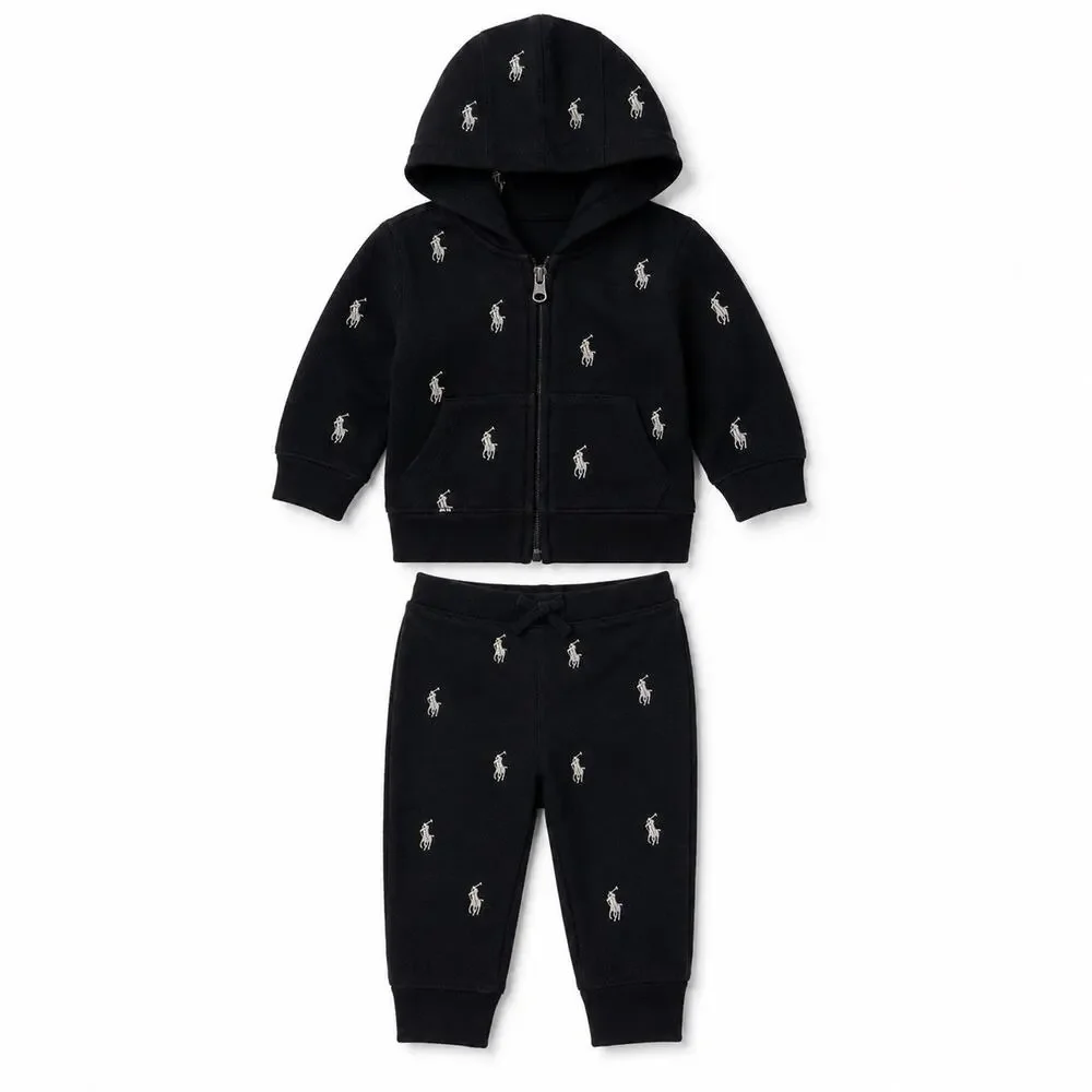 Ralph Lauren Tracksuit Baby Size 3M Black Fleece Gold Logo AOP Hoodie Pants Set